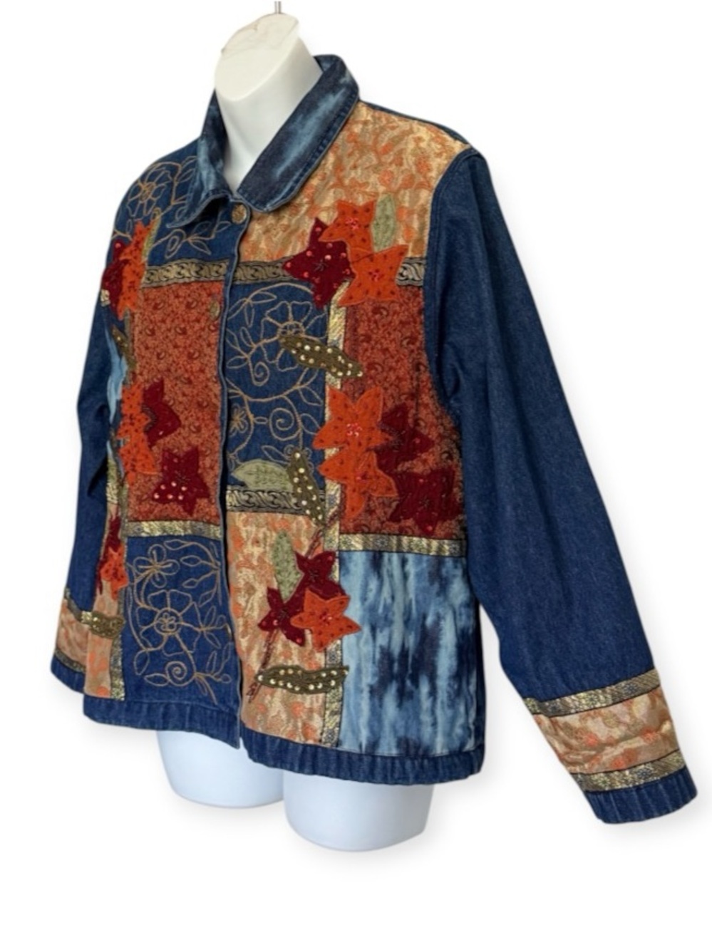 Tantrums Boho Patchwork Denim Jacket Shacket with Autumn Star Appliqués Size M - Picture 3 of 9